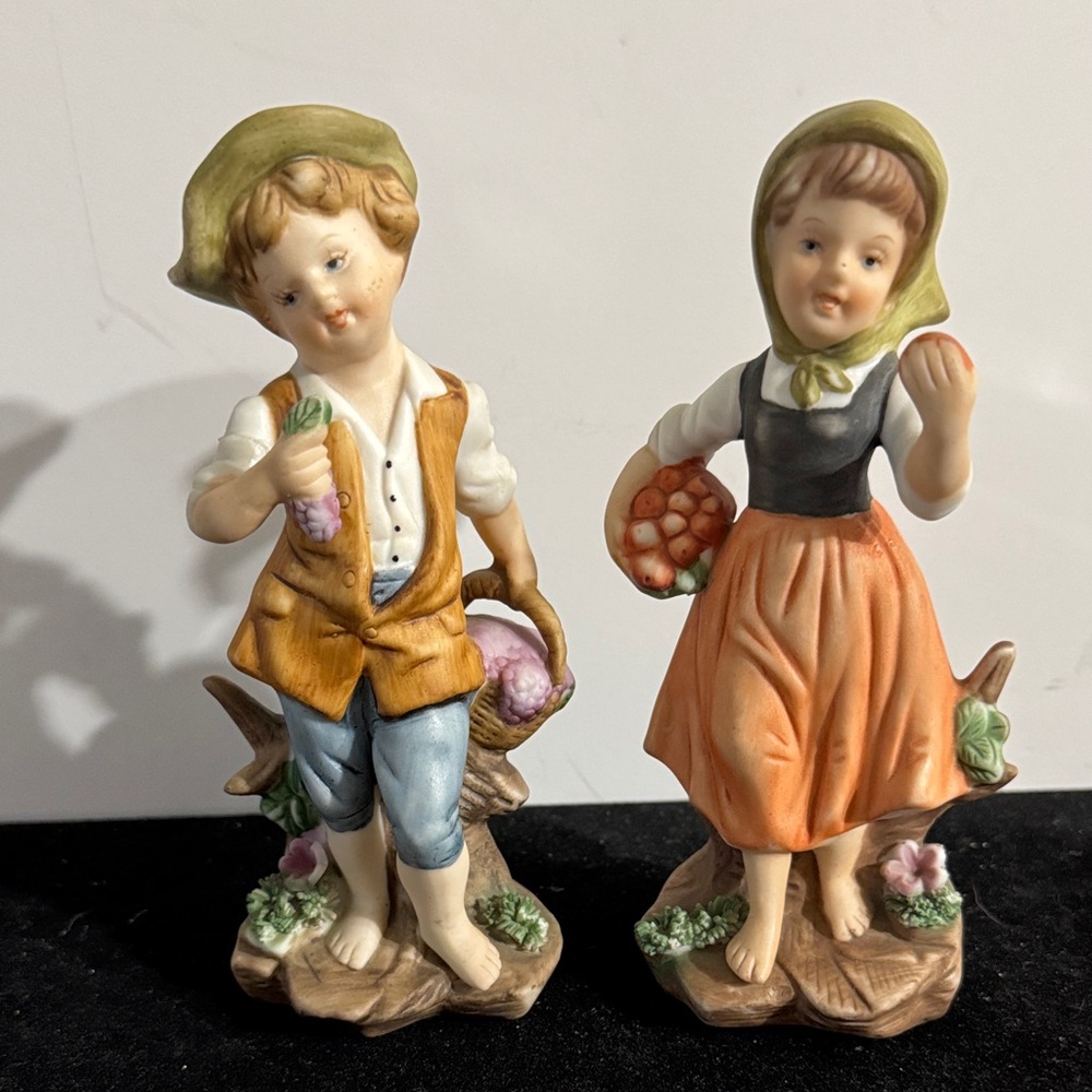 vintage hand-painted porcelain figurines of a boy and girl carrying baskets. - Picture 1 of 16